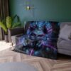 Cyberpunk skull all over print fleece blanket featuring neon blue and purple futuristic mask design. Streetwear aesthetic.
