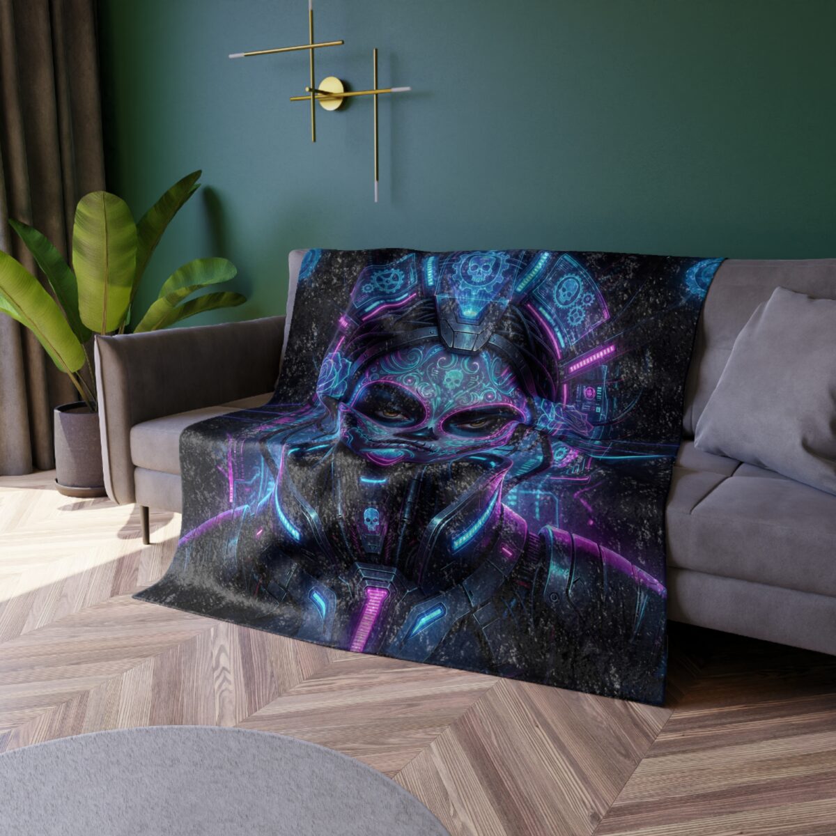 Cyberpunk skull all over print fleece blanket featuring neon blue and purple futuristic mask design. Streetwear aesthetic.