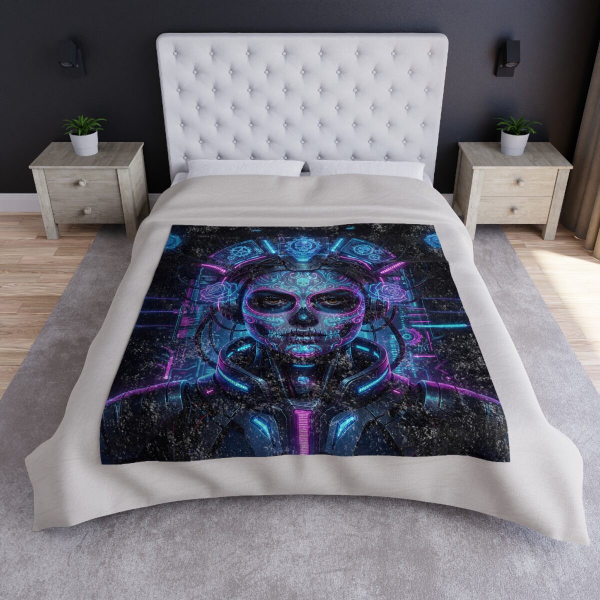 Cyberpunk sugar skull all over print comforter featuring a neon glow design with blue and pink accents, perfect for streetwear aesthetic.