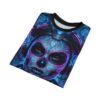 Cyberpunk sugar skull all over print t-shirt featuring neon pink and blue intricate details, headphones, and digital interface elements.