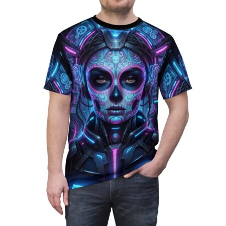 Cyberpunk sugar skull all over print sublimation tee with neon blue and pink tech graphics.