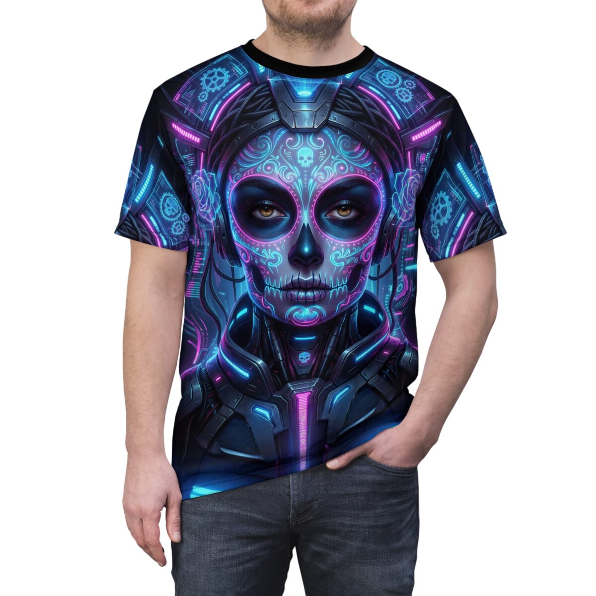Cyberpunk sugar skull all over print sublimation tee with neon blue and pink tech graphics.