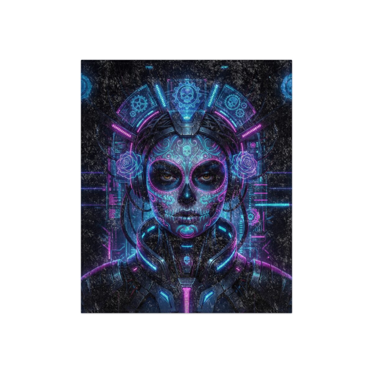 Cyberpunk sugar skull graphic tee with neon blue and pink accents, featuring intricate digital patterns and a futuristic headpiece.