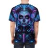 Cyberpunk sugar skull all over print sublimation tee featuring neon blue and pink cybernetic details and rose graphics.