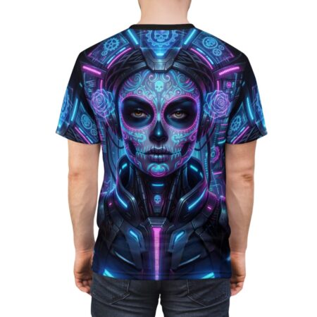 Cyberpunk sugar skull all over print sublimation tee featuring neon blue and pink cybernetic details and rose graphics.