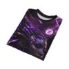 Cyberpunk woman with purple robotic hair all over print sublimation tee features neon accents and circuitry.