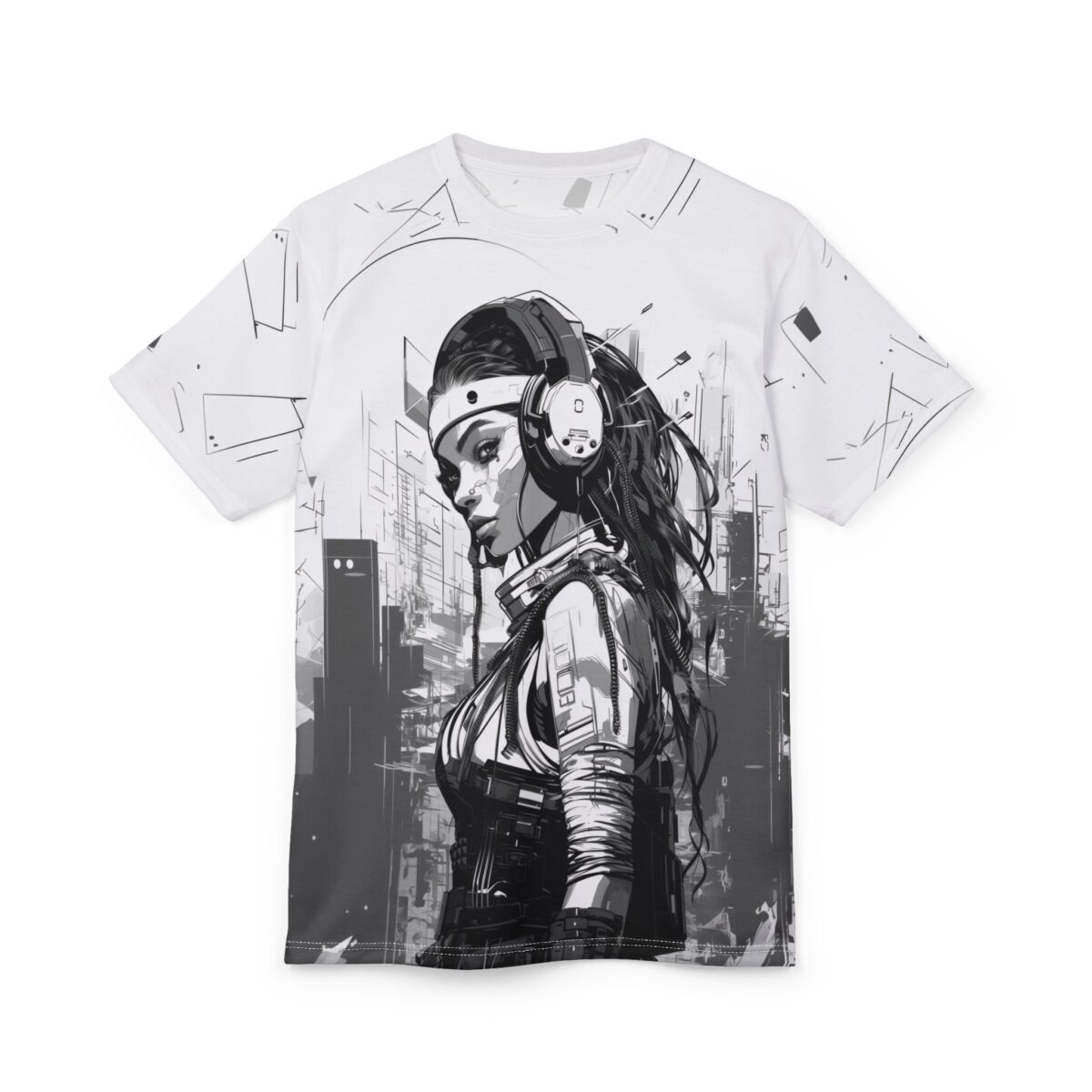 Cyberpunk woman wearing headphones all over print sublimation tee with a city skyline graphic. Streetwear aesthetic design.