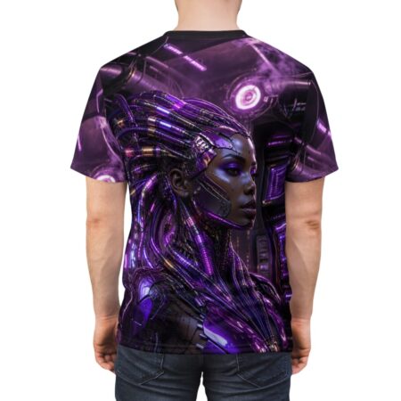 Cyberpunk all over print sublimation tee featuring a futuristic woman with purple mechanical enhancements and intricate wiring detail.