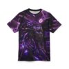 Cyberpunk woman with purple mechanical dreadlocks, all over print sublimation tee featuring a futuristic neon cityscape background.
