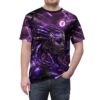 All over print cyberpunk woman sublimation tee featuring intricate purple mechanical details and futuristic background.