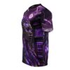 Cyberpunk woman with purple metallic cybernetic enhancements all over print sublimation tee featuring futuristic purple neon cityscape.