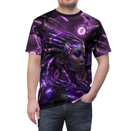 All over print cyberpunk woman sublimation tee featuring intricate purple mechanical details and futuristic background.