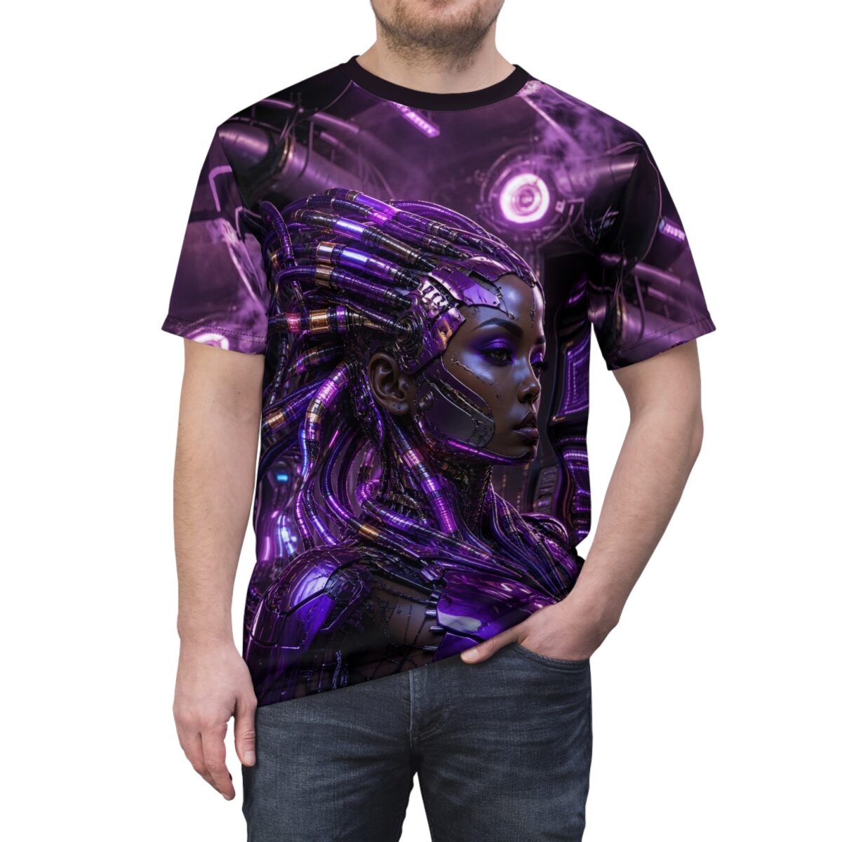 All over print cyberpunk woman sublimation tee featuring intricate purple mechanical details and futuristic background.