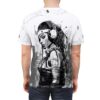 Cyberpunk woman with headphones, black and white anime graphic on all over print sublimation tee. Streetwear aesthetic.