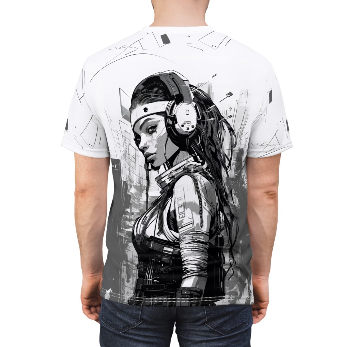 Cyberpunk woman with headphones, black and white anime graphic on all over print sublimation tee. Streetwear aesthetic.