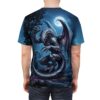 All over print sublimation tee features a dark dragon in a moonlit forest with a full moon and starry night sky. Features a fantasy creature graphic.
