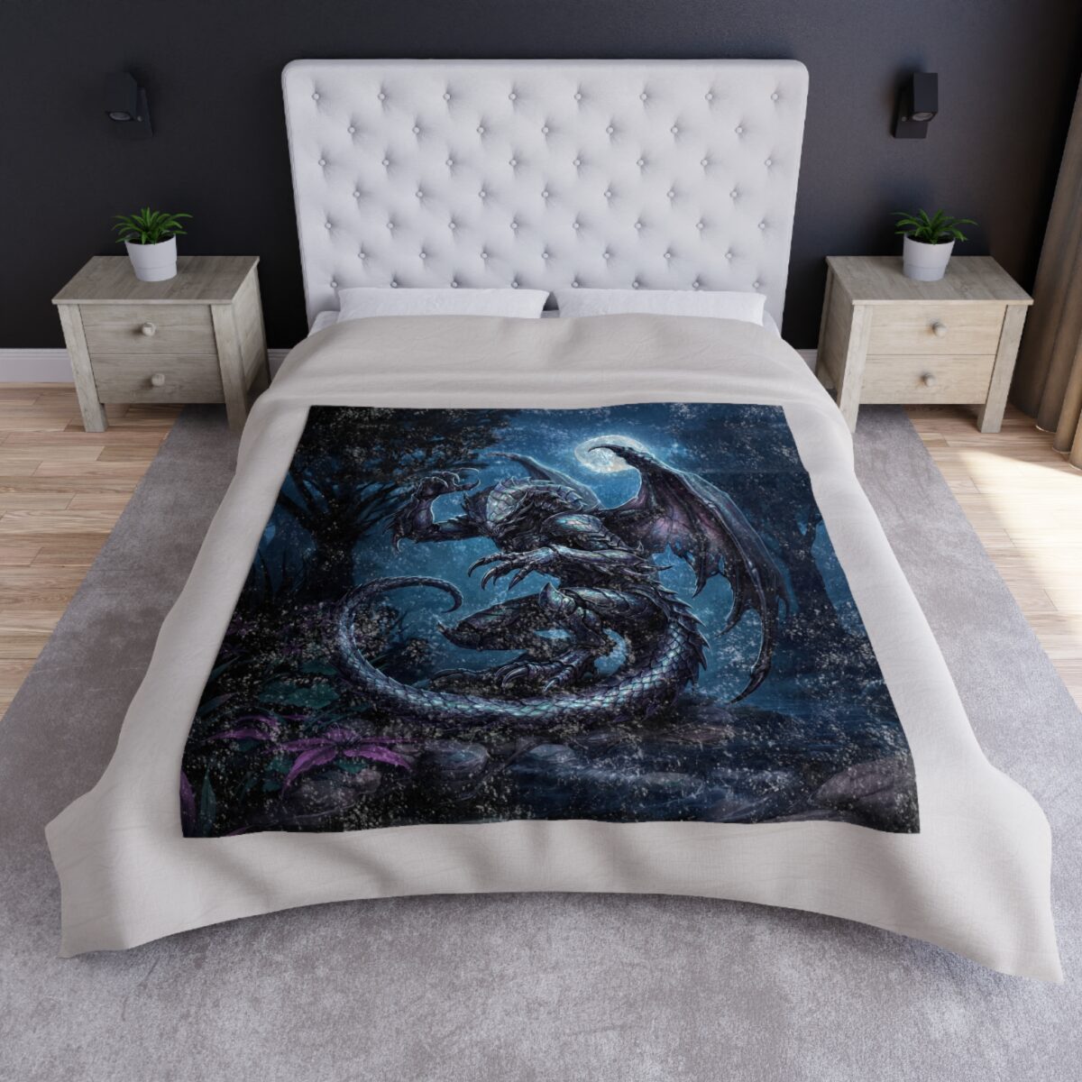 Dark fantasy dragon with wings and moonlit forest all over print fleece blanket, showcasing intricate scales and dark, mysterious atmosphere.