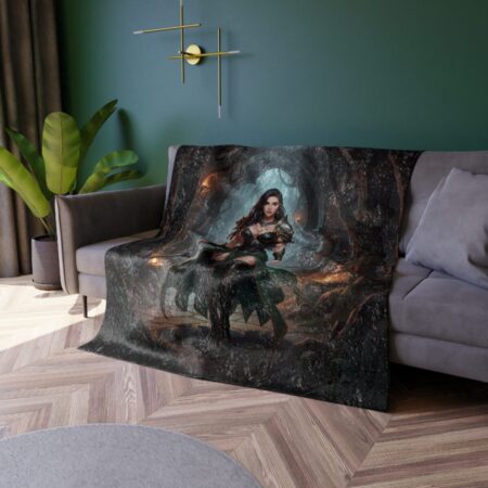 Dark fantasy warrior woman in green dress, ornate armor, and dark forest tunnel background fleece throw blanket.