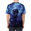 Dark skull and lightning graphic all over print t-shirt with cosmic purple and blue clouds, seamless wrap around design.