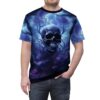 Dark skull graphic sublimation tee with lightning and branches, all over print design with purple and blue storm clouds.