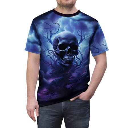 Dark skull graphic sublimation tee with lightning and branches, all over print design with purple and blue storm clouds.