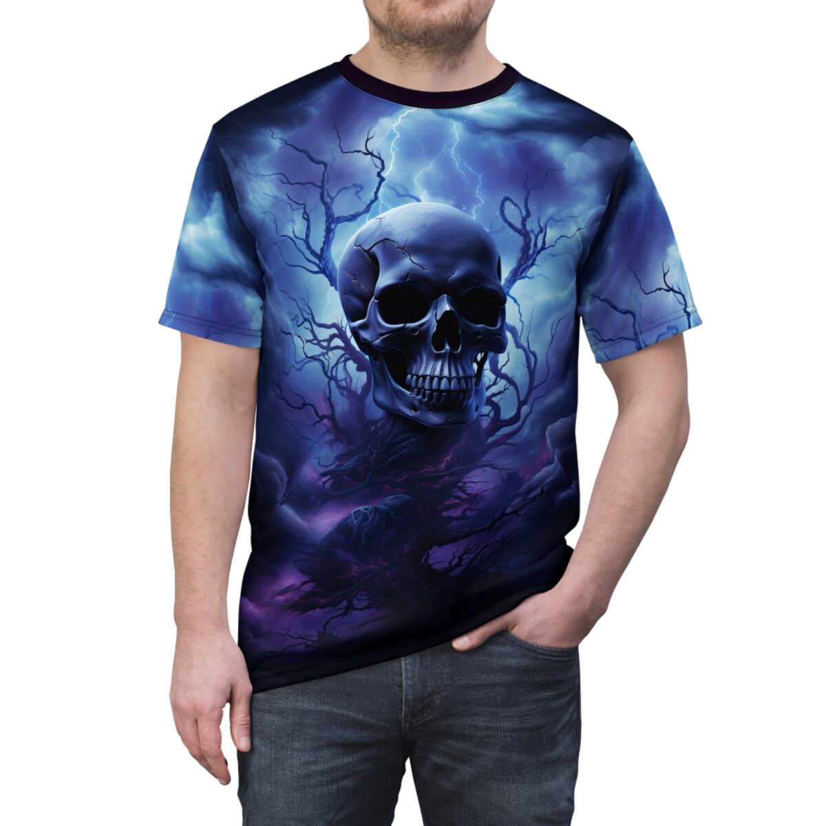 Dark skull graphic sublimation tee with lightning and branches, all over print design with purple and blue storm clouds.