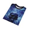 Dark skull and bare tree branches graphic all over print sublimation tee with electric blue lightning storm background.