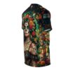 Sublimation tee features a Day of the Dead woman with sugar skull makeup surrounded by skulls, marigolds, and papel picado banners.