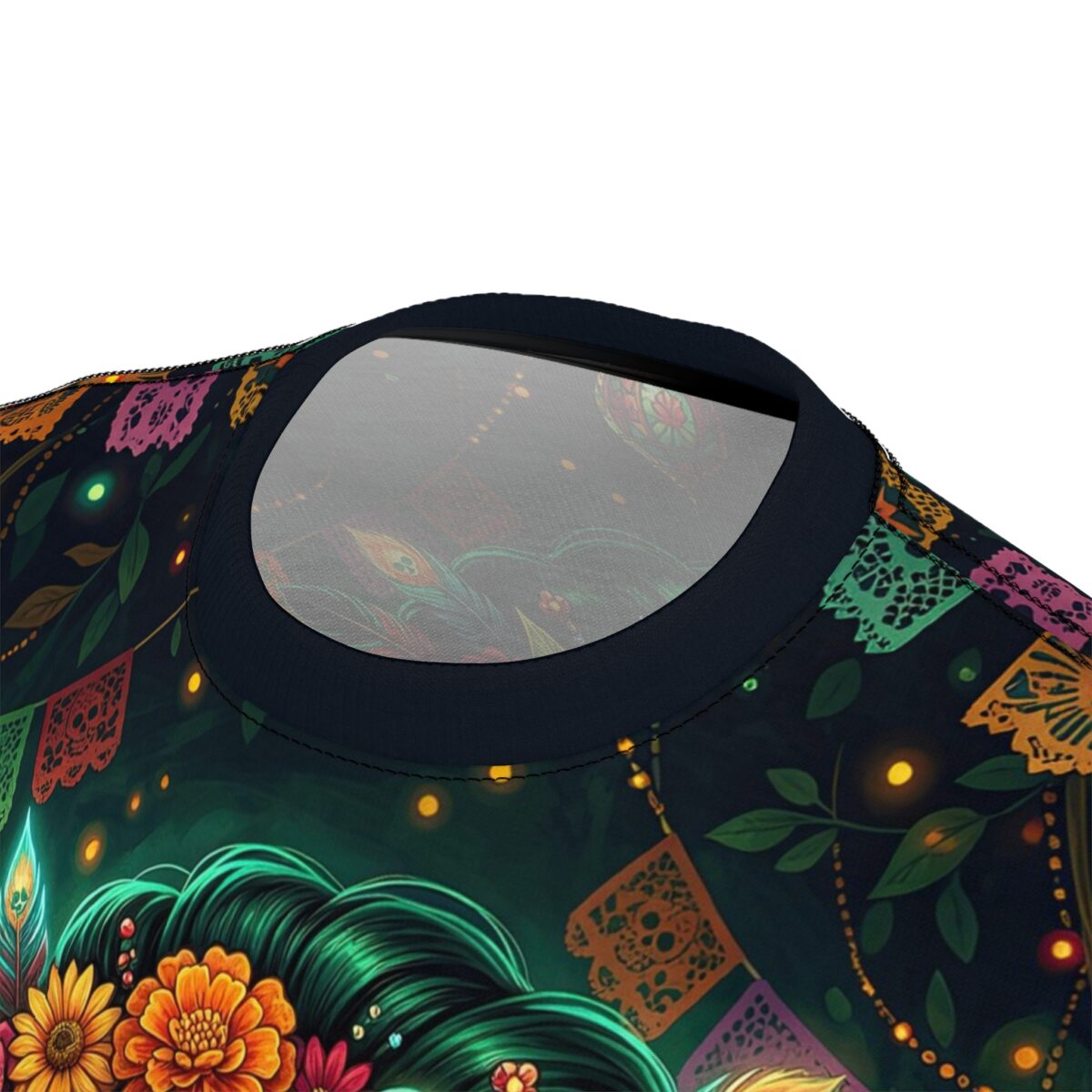 Day of the Dead skull and marigold graphic sublimation tee, featuring colorful papel picado banners and glowing fairy lights.