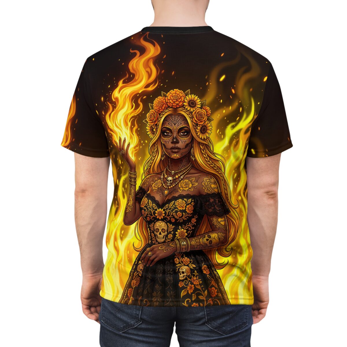 All over print sublimation tee featuring a Day of the Dead queen with skulls and roses on fire, in a vintage pattern style.