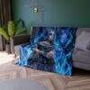Sugar skull woman with blue flames and celestial background all over print sublimation blanket.