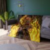 Day of the Dead sugar skull woman with flowers in hair and fiery background, all over print sublimation blanket.