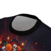 Sugar skull and marigold floral arrangement with candles, Day of the Dead graphic sublimation tee.
