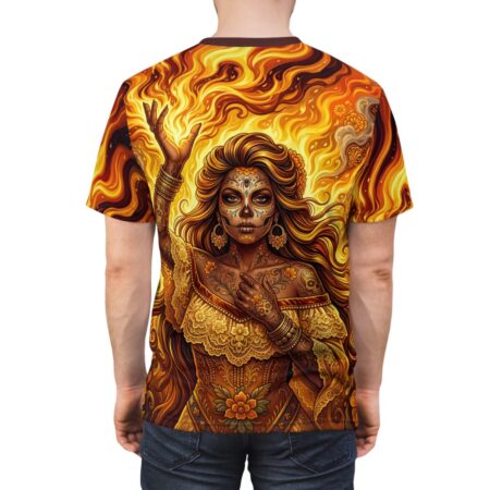 All over print sublimation tee featuring a vibrant Day of the Dead sugar skull woman surrounded by flames and ornate patterns.