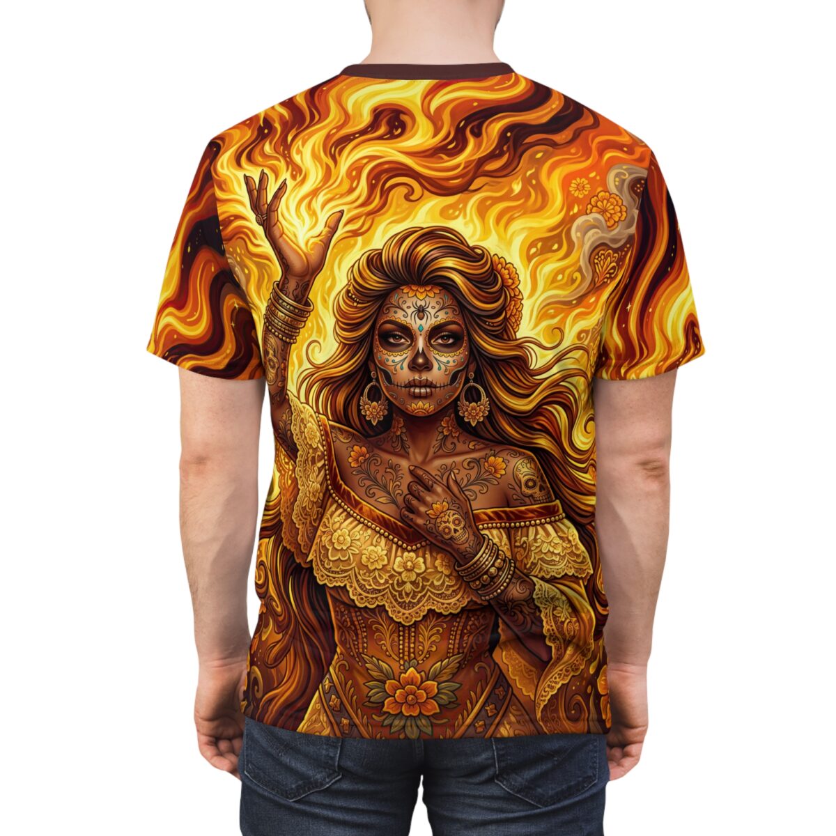 All over print sublimation tee featuring a vibrant Day of the Dead sugar skull woman surrounded by flames and ornate patterns.