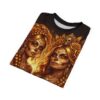All over print women's sublimation tee featuring two beautiful sugar skull women with ornate floral crowns and braided hair, vibrant golden tones.
