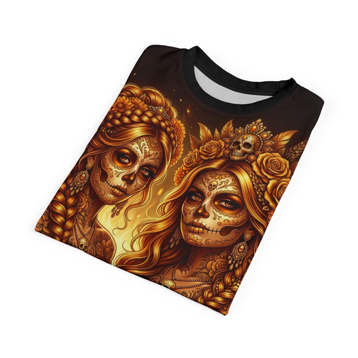 All over print women's sublimation tee featuring two beautiful sugar skull women with ornate floral crowns and braided hair, vibrant golden tones.