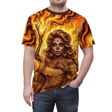 Women's all over print sublimation tee featuring a vibrant Day of the Dead sugar skull woman with fiery background and intricate patterns.