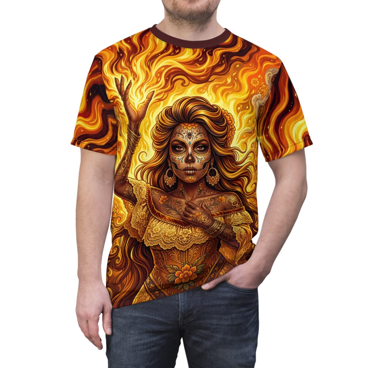 Women's all over print sublimation tee featuring a vibrant Day of the Dead sugar skull woman with fiery background and intricate patterns.