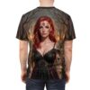 Day of the Dead sugar skull tattoo women's graphic tee featuring a gothic forest scene with a woman and skulls.
