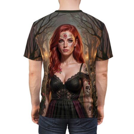 Day of the Dead sugar skull tattoo women's graphic tee featuring a gothic forest scene with a woman and skulls.