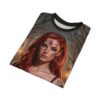All over print sublimation tee featuring a Day of the Dead sugar skull woman graphic in a spooky forest setting.