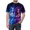 Sugar skull women wearing intricate blue and purple floral dresses, surrounded by blue and purple flames.
