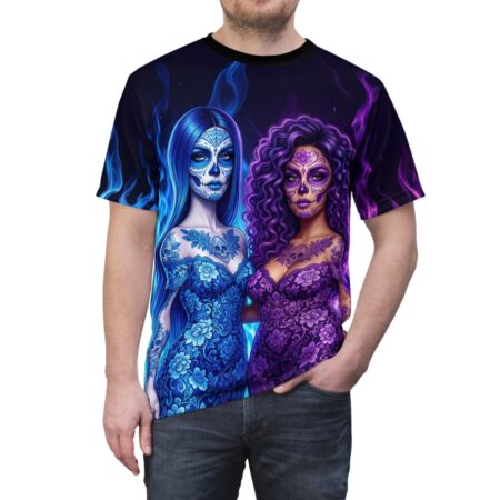 Sugar skull women wearing intricate blue and purple floral dresses, surrounded by blue and purple flames.