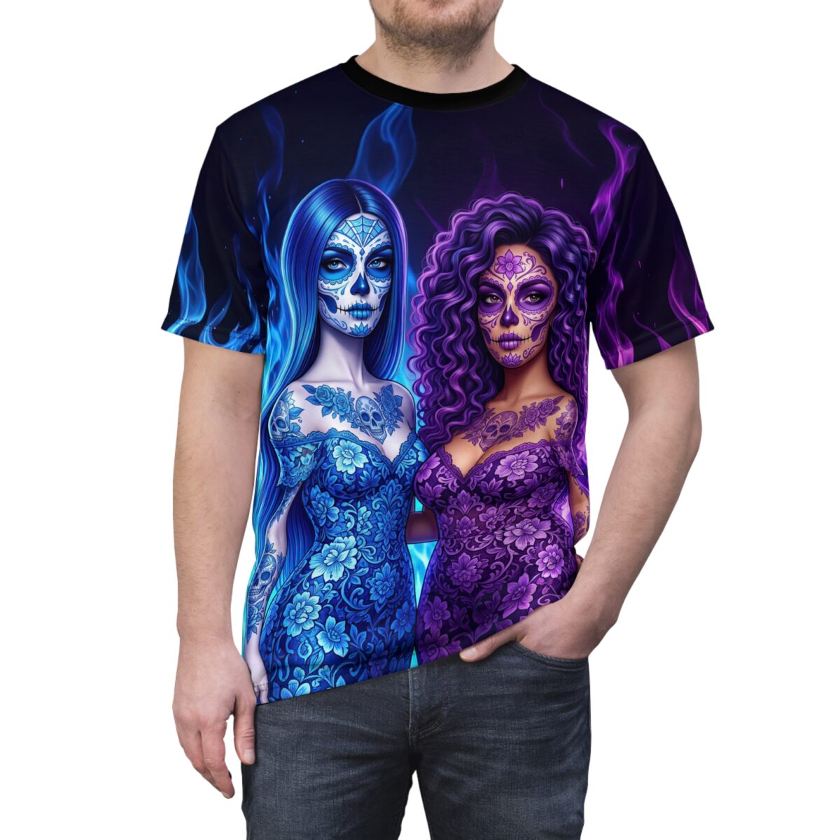Sugar skull women wearing intricate blue and purple floral dresses, surrounded by blue and purple flames.
