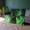 All over print fleece blanket featuring a Day of the Dead woman with green fire and ornate details, perfect for gothic home decor.