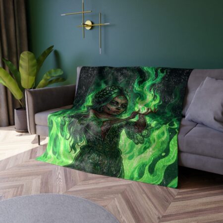 All over print fleece blanket featuring a Day of the Dead woman with green fire and ornate details, perfect for gothic home decor.