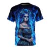 All over print sublimation tee features a sugar skull woman with blue hair and floral crown, surrounded by blue flames.