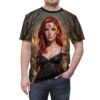 All over print sublimation tee featuring a Day of the Dead woman graphic with skulls and dark forest background.