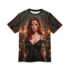 Sublimation tee featuring a Day of the Dead woman with sugar skull face paint and rose tattoos in a creepy forest setting.
